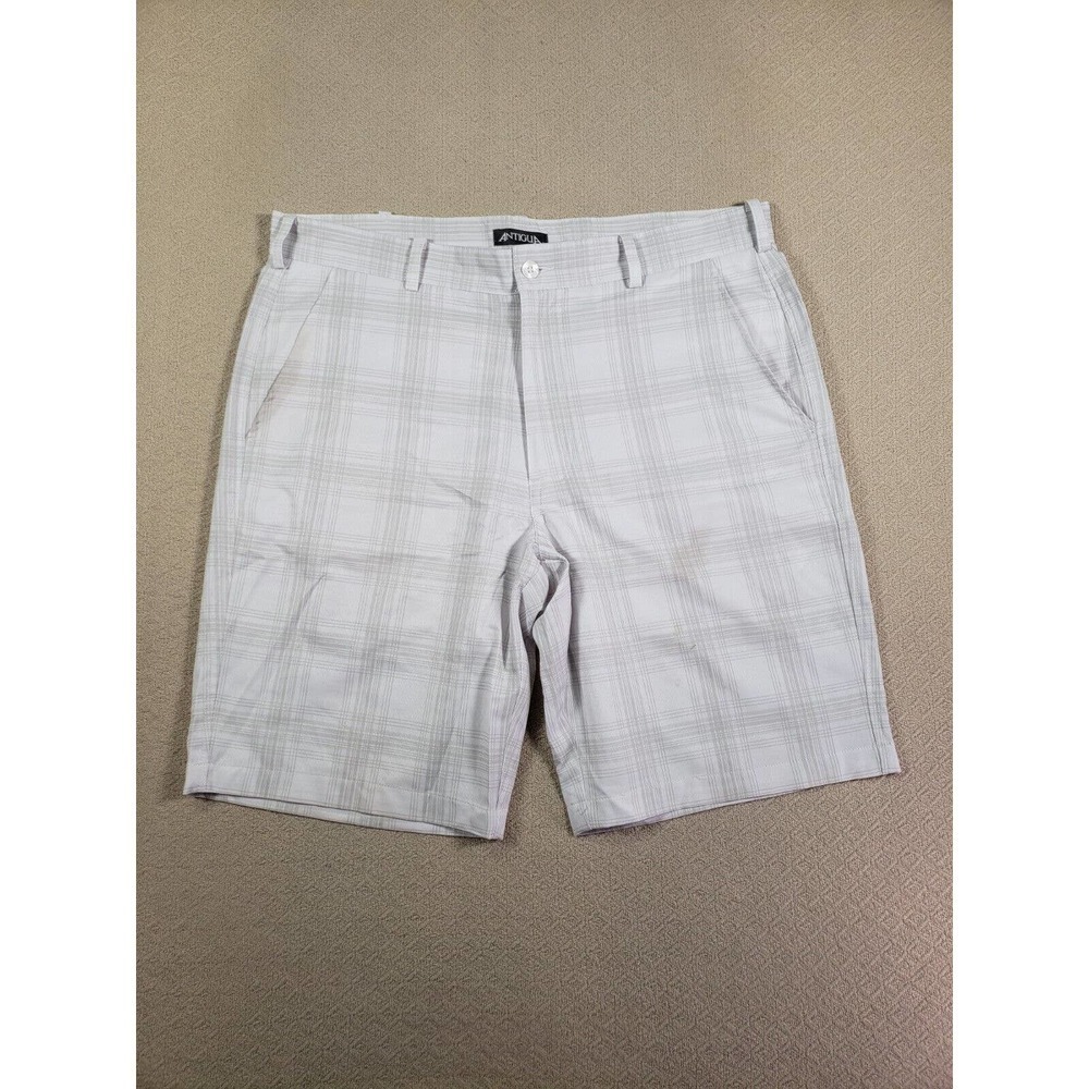 Antigua Shorts Mens 36 White Plaid Polyester Pockets Mid Rise Golf Stretch